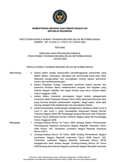 RENCANA AKSI PERJANJIAN KINERJA PADA RUMAH TAHANAN NEGARA KELAS IIB PURBALINGGA TAHUN 2026
